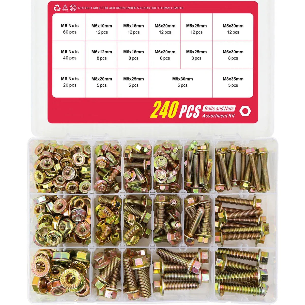 240pcs 8.8 Grade Carbon Steel Flange Hex Bolt Nut Kit M5 M6 M8 with Case