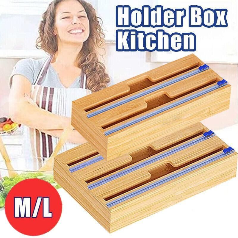Bamboo Food Wrap Dispenser Cutter Foil Cling Film Storage Holder Box Kitchen Au - L