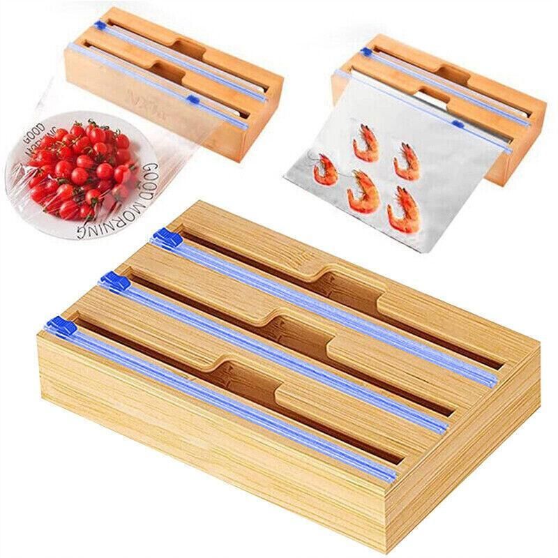 Bamboo Food Wrap Dispenser Cutter Foil Cling Film Storage Holder Box Kitchen Au - L