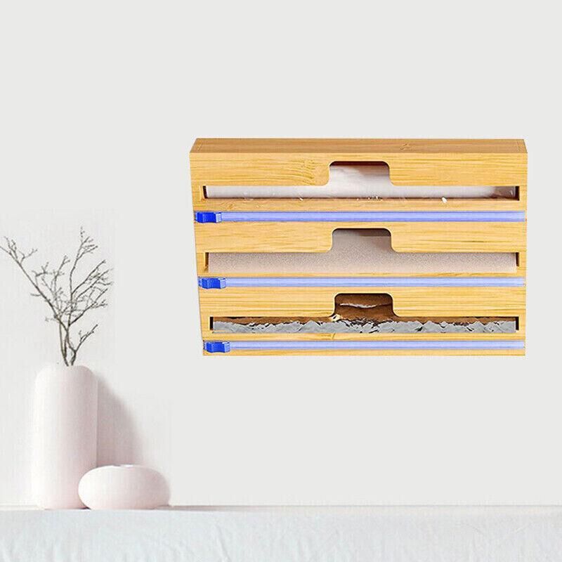 Bamboo Food Wrap Dispenser Cutter Foil Cling Film Storage Holder Box Kitchen Au - L