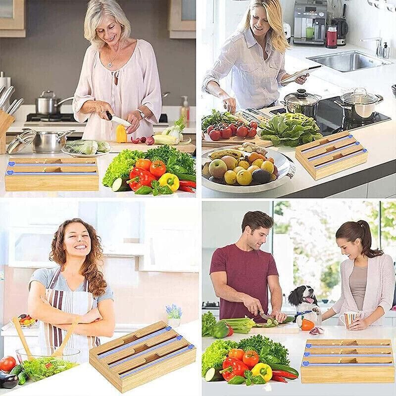 Bamboo Food Wrap Dispenser Cutter Foil Cling Film Storage Holder Box Kitchen Au - L