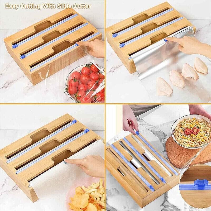 Bamboo Food Wrap Dispenser Cutter Foil Cling Film Storage Holder Box Kitchen Au - L