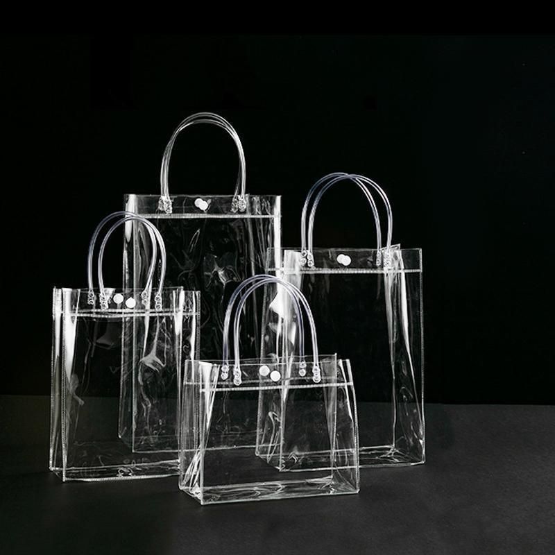100x PVC Transparent Gift Tote Bag with Snap Button for Packaging - 17*23*7cm