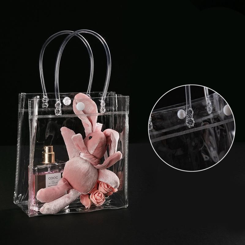 100x PVC Transparent Gift Tote Bag with Snap Button for Packaging - 17*23*7cm
