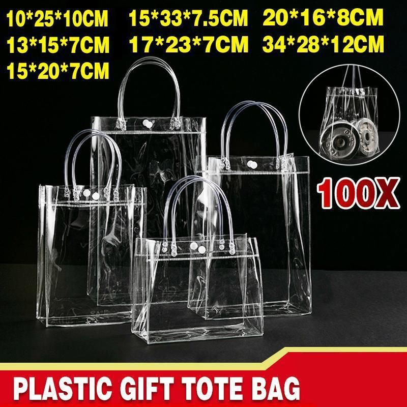100x PVC Transparent Gift Tote Bag with Snap Button for Packaging - 15*20*7cm