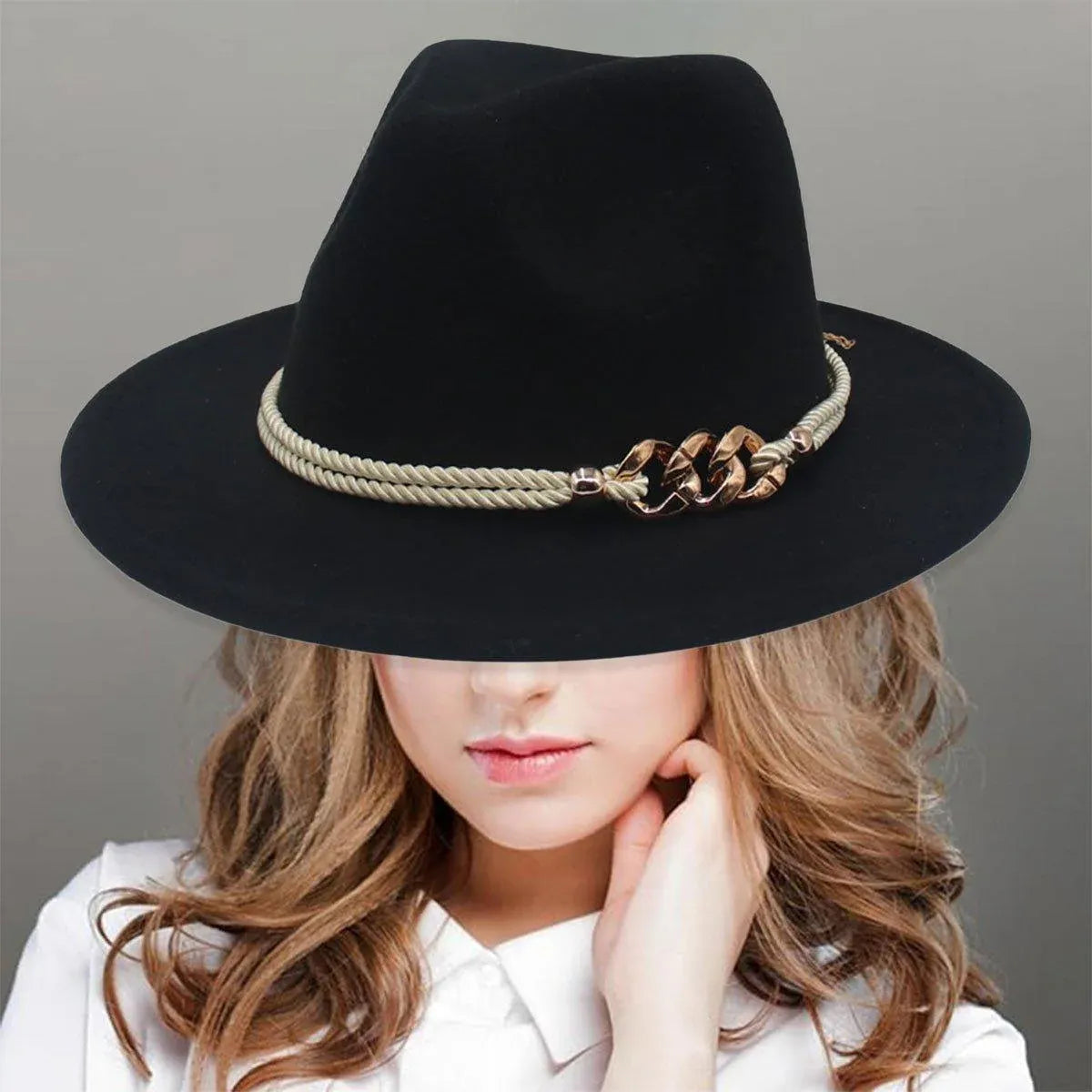 Jazz Hat Autumn Winter Retro Large Brim Hat for Men and Women Stylish Headwear - Beige