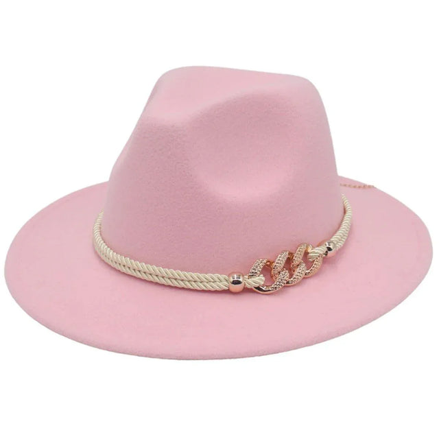 Jazz Hat Autumn Winter Retro Large Brim Hat Men Women Headwear - Pink