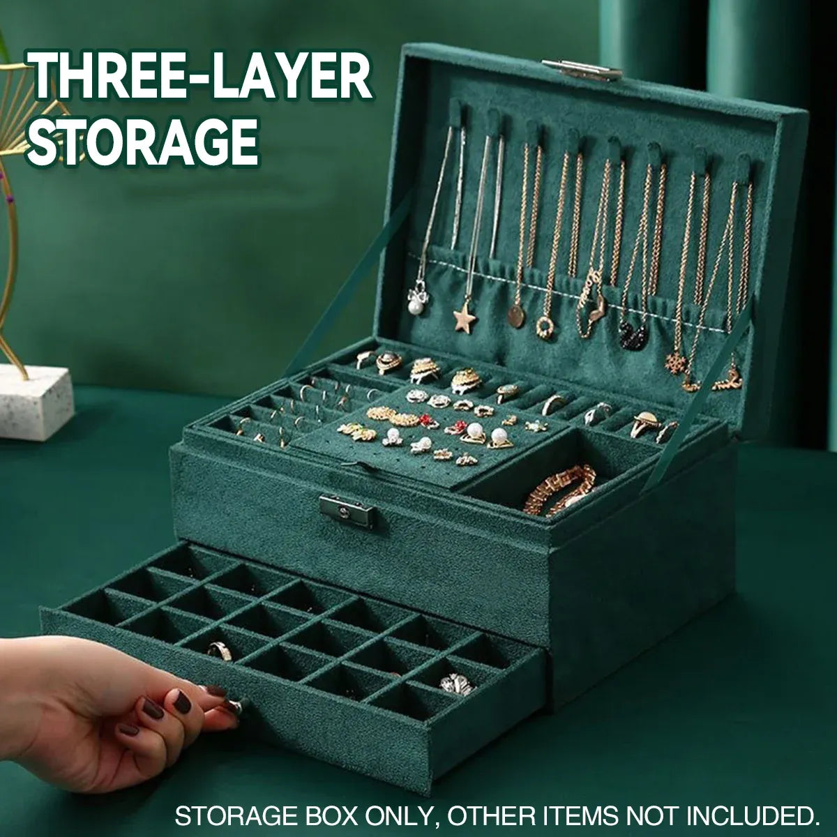 3 Tier Lockable Jewelry Storage Box with Drawers Soft Lining Large Capacity