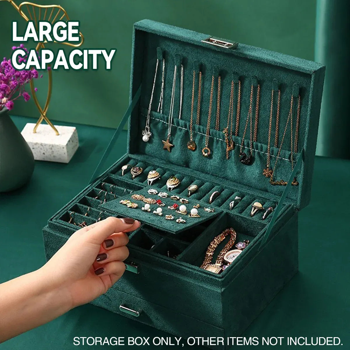 3 Tier Lockable Jewelry Storage Box with Drawers Soft Lining Large Capacity