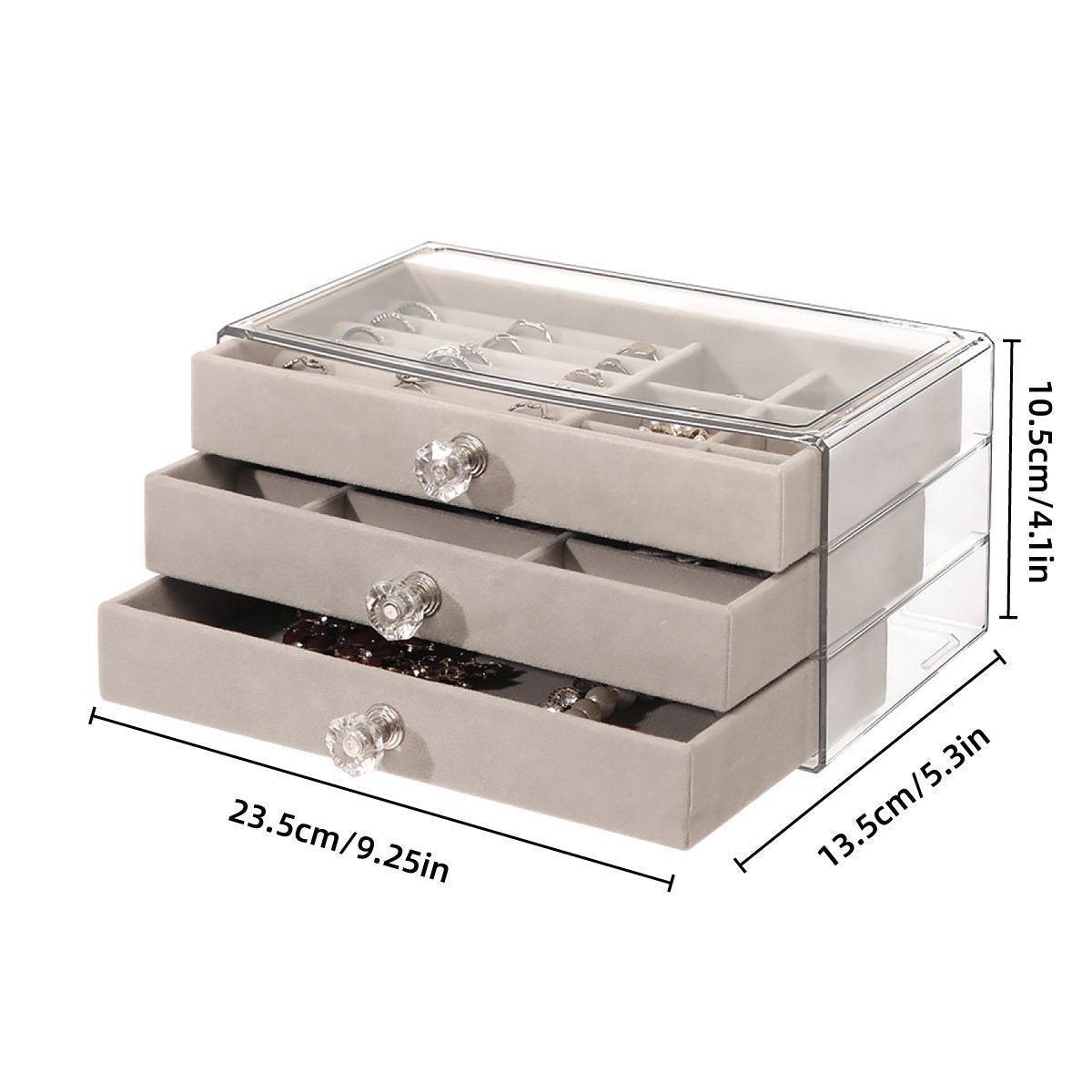 Three Layer Flannel Jewelry Storage Box Dustproof Drawer Organizer for Earrings - Grey