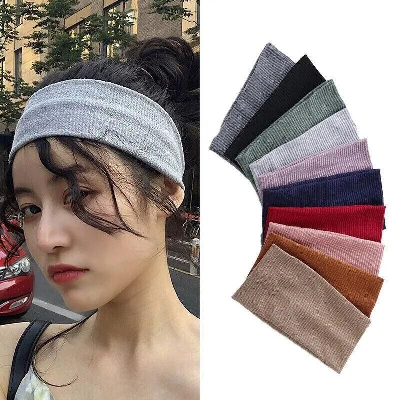 Women Headband Solid Wide Turban Knitted Cotton Hairband Girls Elastic Hair Band - Cyan