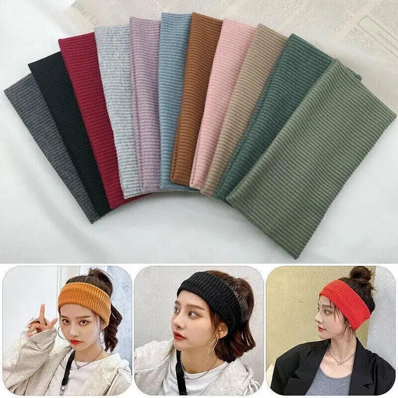Women Headband Solid Wide Turban Knitted Cotton Hairband Girls Elastic Hair Band - Cyan