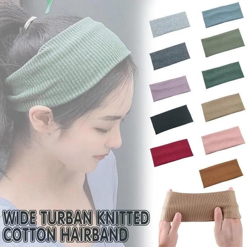 Women Headband Solid Wide Turban Knitted Cotton Hairband Girls Elastic Hair Band - Red
