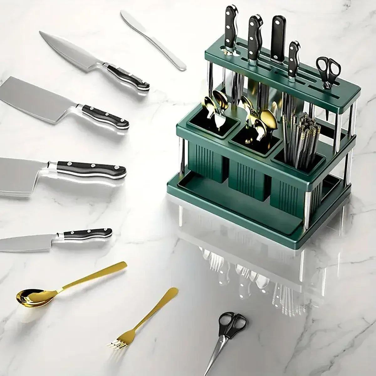Cutlery Holder Storage Caddy Kitchen Utensil Drying Rack For Spoon Fork Knife - Green