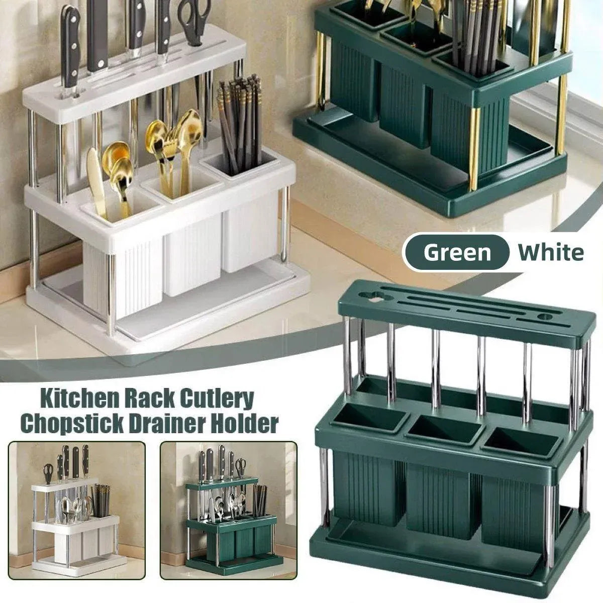 Cutlery Holder Storage Caddy Kitchen Utensil Drying Rack For Spoon Fork Knife - White