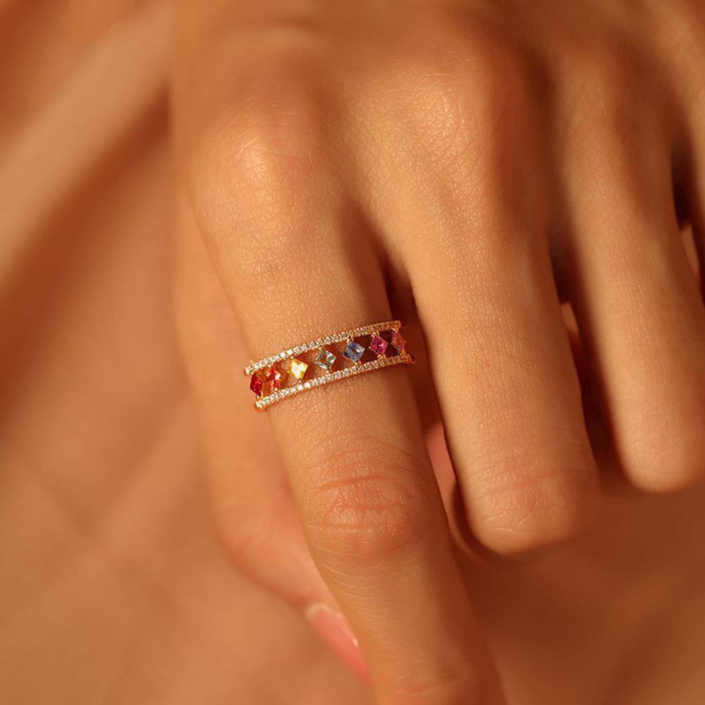 Rainbow Gold Ring Women Fashion Colorful Band Jewelry Gift 6-10 Sizes Ring - 10