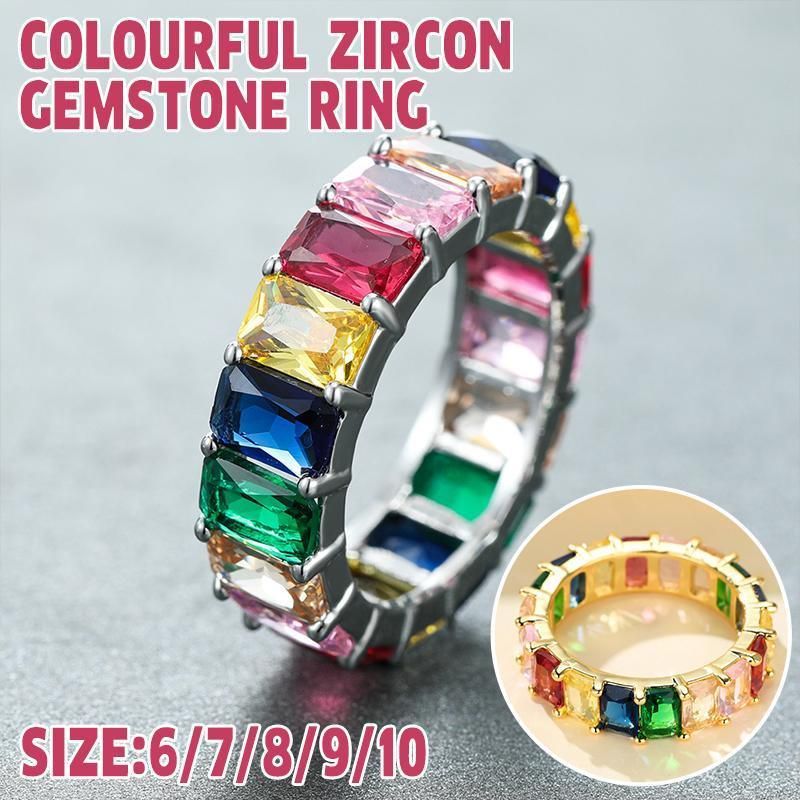 Rainbow Zircon Gemstone Ring Women's Stainless Steel Colourful Ring Size 6-10 - Gold-Multicolor-10
