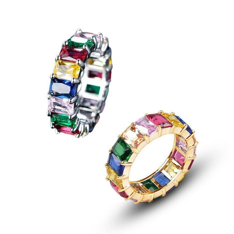 Rainbow Zircon Gemstone Ring Women's Stainless Steel Colourful Ring Size 6-10 - Gold-Multicolor-10