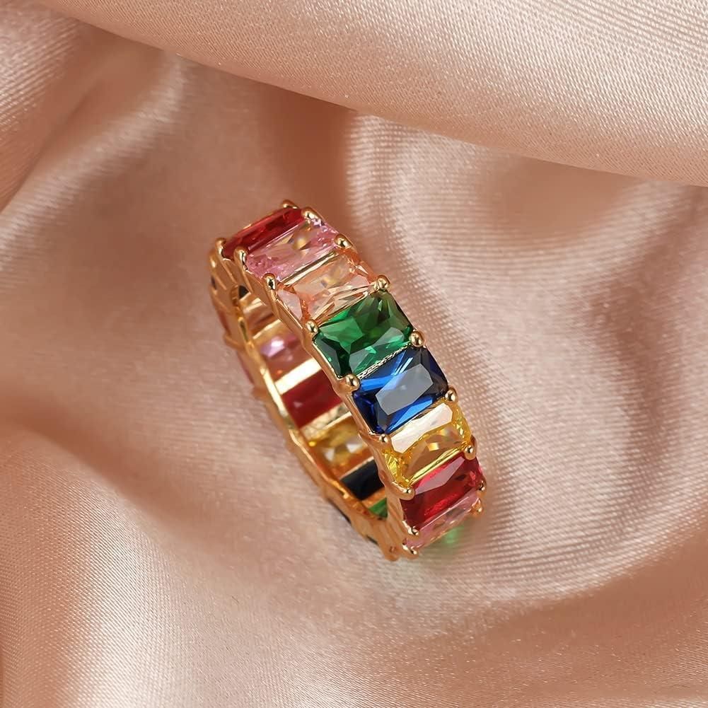 Rainbow Zircon Gemstone Ring Women's Stainless Steel Colourful Ring Size 6-10 - Gold-Multicolor-10