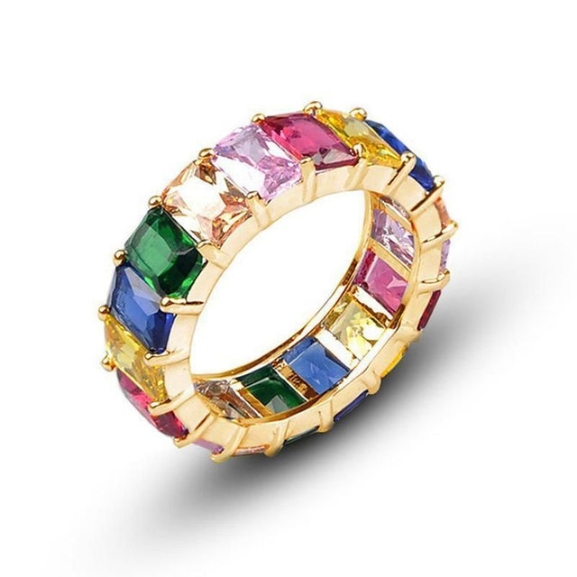 Rainbow Zircon Gemstone Ring Women's Stainless Steel Colourful Ring Size 6-10 - Gold-Multicolor-6