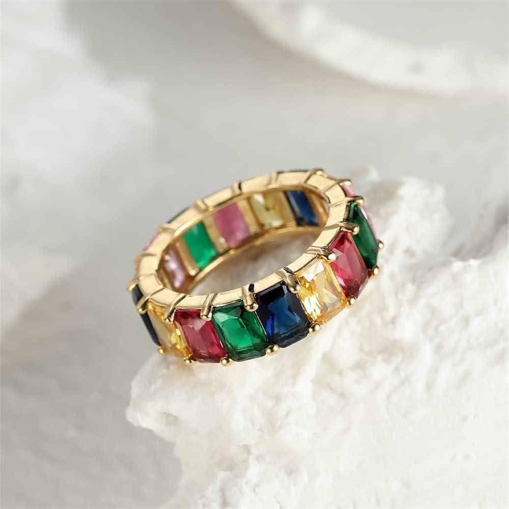 Rainbow Zircon Gemstone Ring Women's Stainless Steel Colourful Ring Size 6-10 - Gold-Multicolor-8
