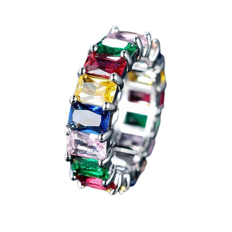 Rainbow Zircon Gemstone Ring Women's Stainless Steel Colourful Ring Size 6-10 - Silver-Multicolor-7