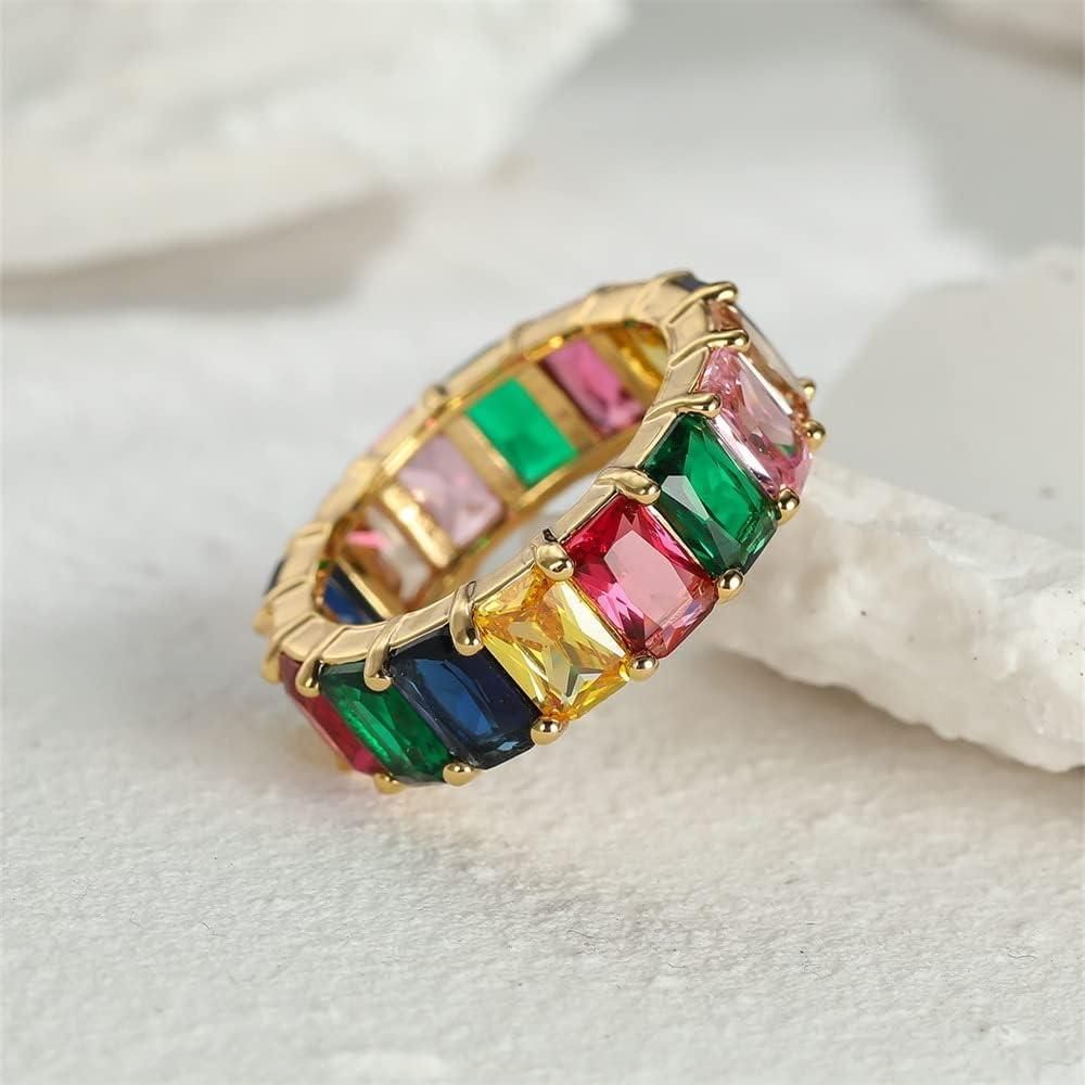 Rainbow Zircon Gemstone Ring Women's Stainless Steel Colourful Ring Size 6-10 - Silver-Multicolor-9