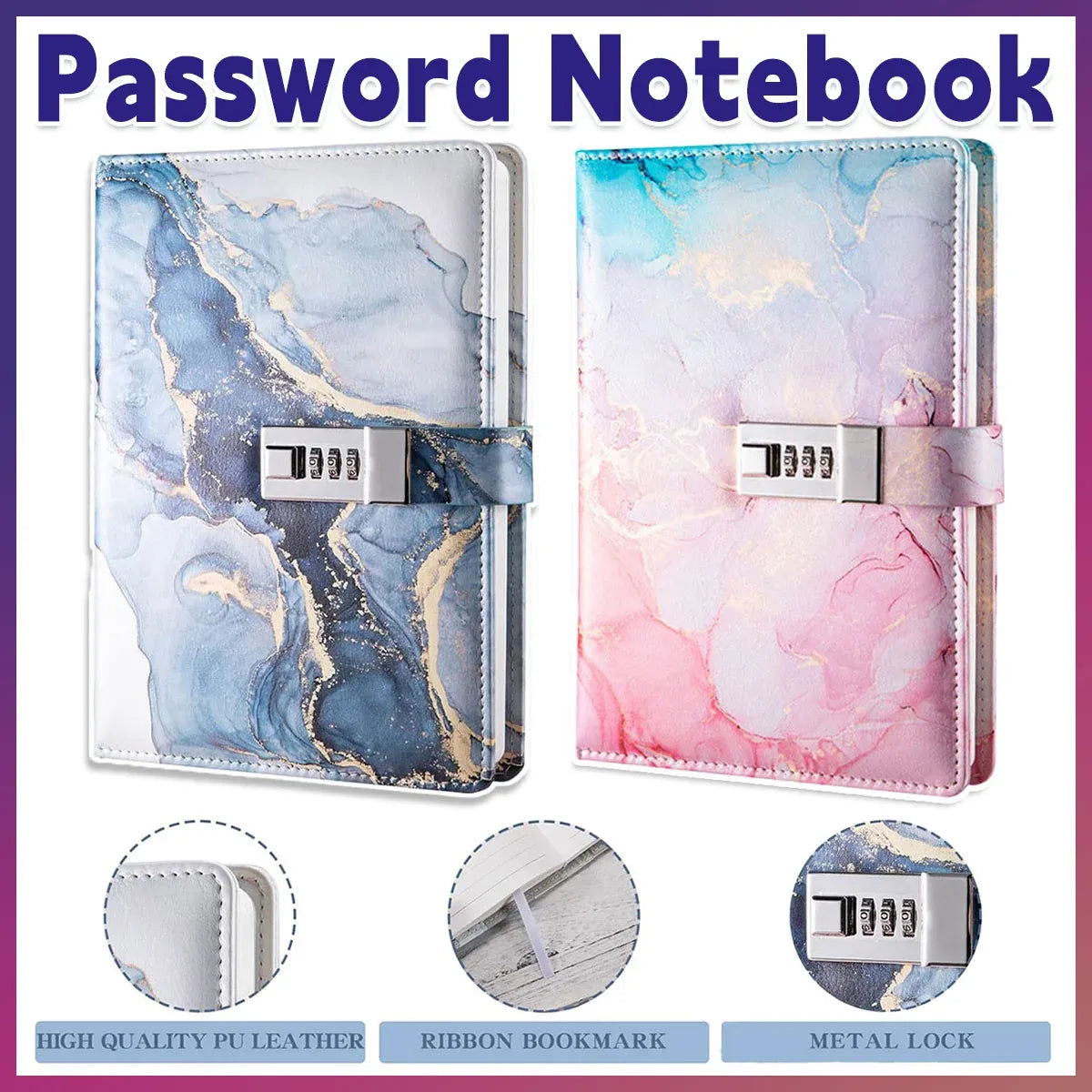 Password Book Notebook Planner Lockable Diary Journal for Office School Personal - Blue