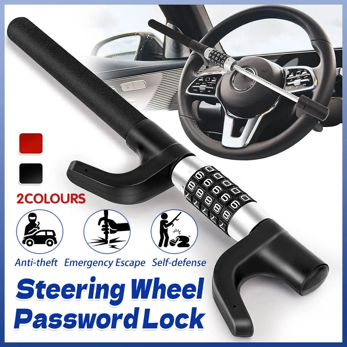 Car Steering Wheel Lock Anti Theft Security Code Lock for Vehicle Protection Use - Black