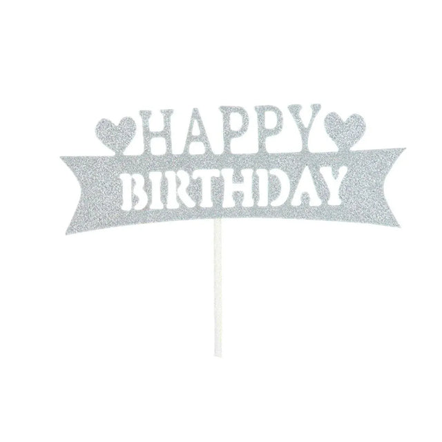 Happy Birthday Cake Topper Colour Printed Acrylic Silver Long Strip