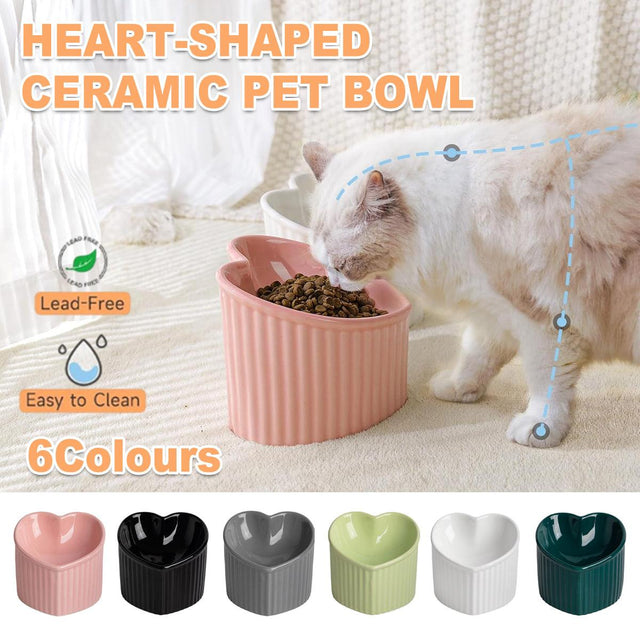 Love Shape Slanted Cat Bowl Ceramic Pet Bowl Cats Food Water Feeding - Black