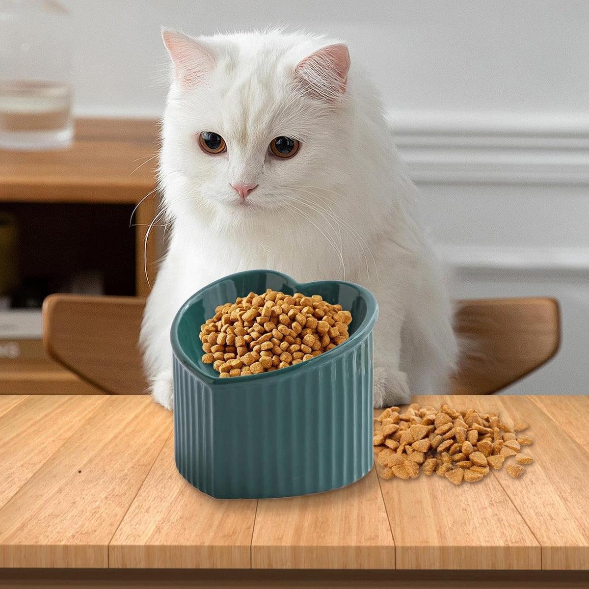 Love Shape Slanted Cat Bowl Ceramic Pet Bowl for Cats Food Water Feeding Dish - Dark Green