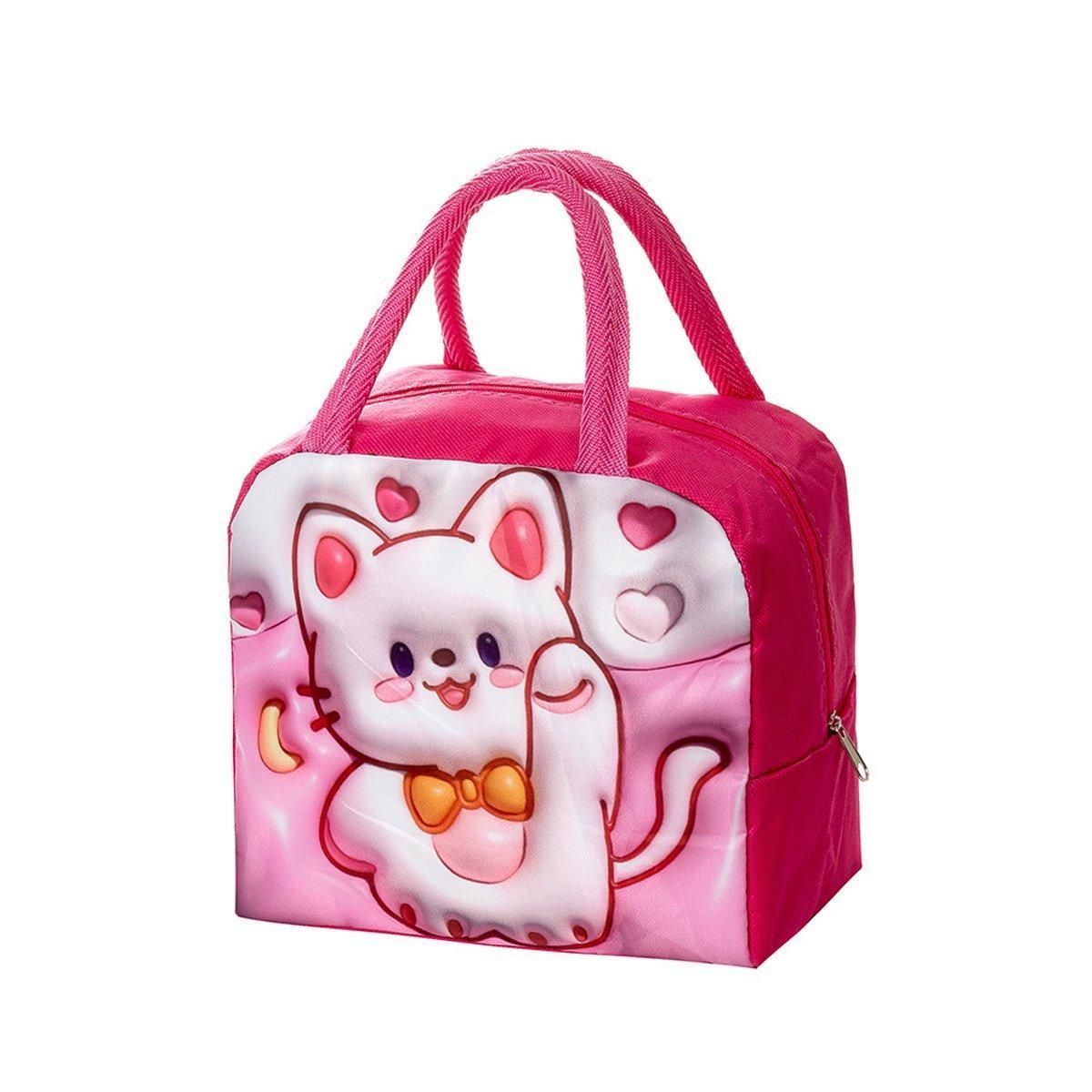 Cute 3D Cartoon Insulated Lunch Bag Oxford Fabric Bento Tote for School Use - Rose Kitten