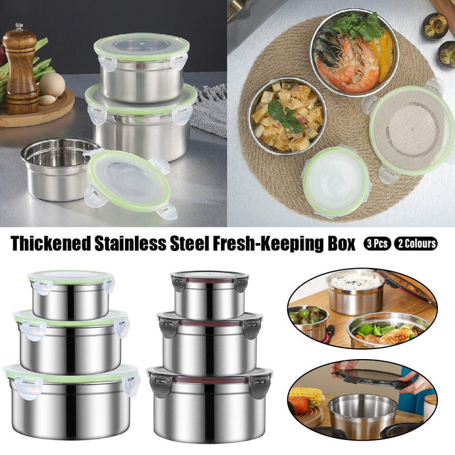 3PCS Stainless Steel Sealed Crisper Storage Box w/Lid Round Food Lunch Black