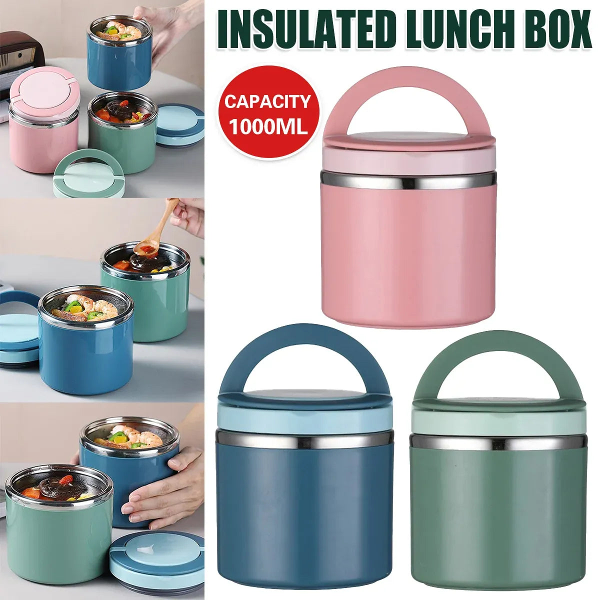 1L Large Capacity Stainless Steel Insulated Lunch Box Food Container Durable - Blue