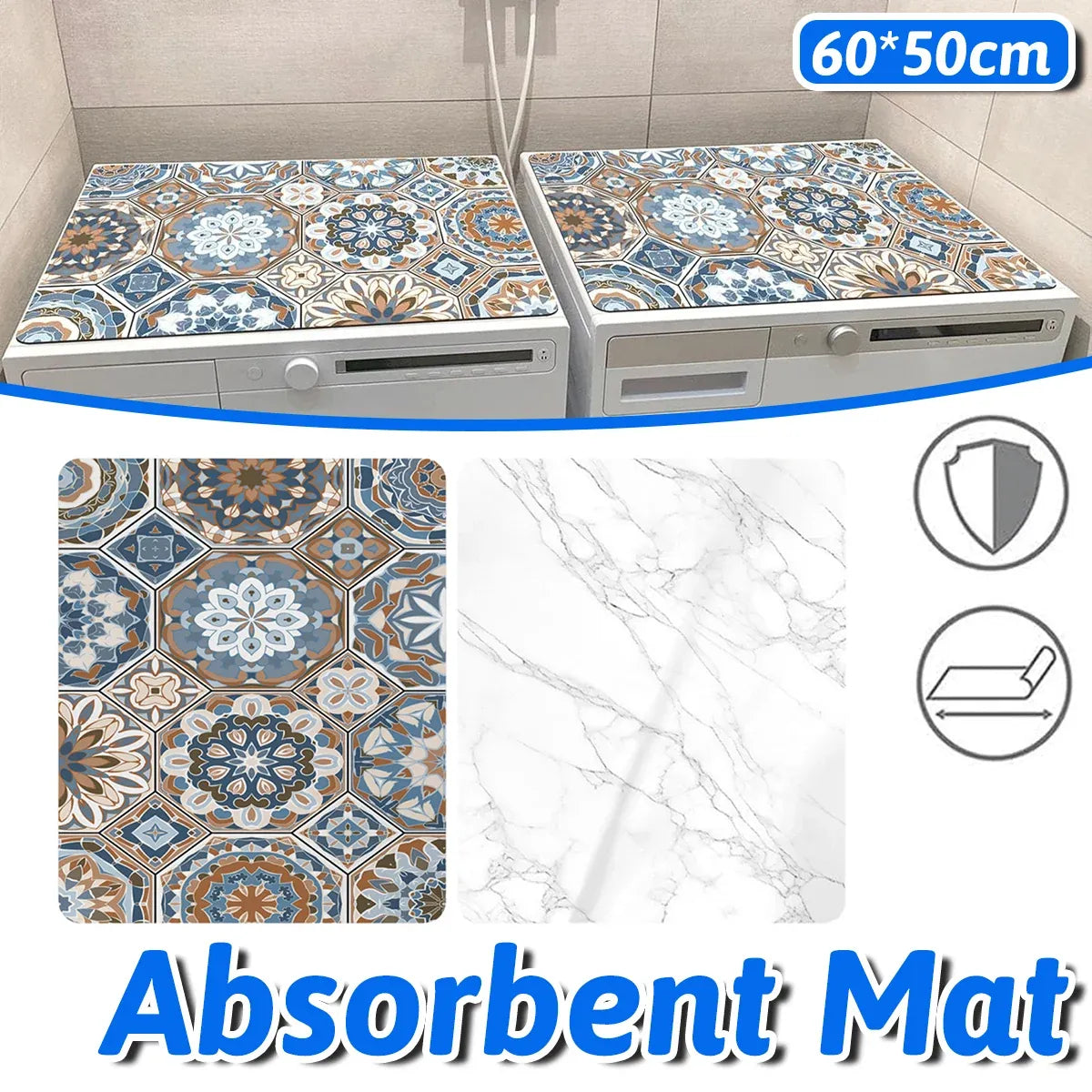 Washing Machine Water Absorbent Mat Quick Dry Dust Proof for Laundry Room Use - White Marble Pattern