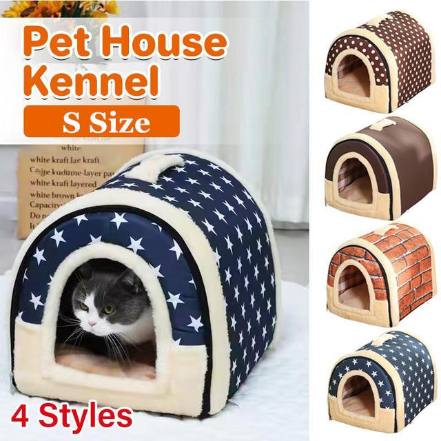 S Size Pet House Kennel Soft Igloo Beds Cave Cat Puppy Bed Warm Cushion Fold - Brick