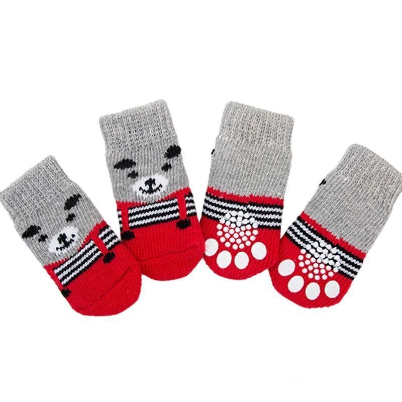 Non Slip Pet Socks for Dogs and Cats Knitted Paw Protector with Grips L Size - Red bear