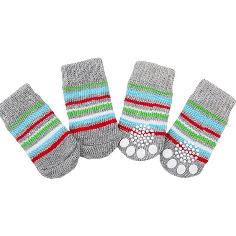 Non Slip Pet Socks for Dogs and Cats Knitted Paw Protector with Grips L Size - Grey stripes