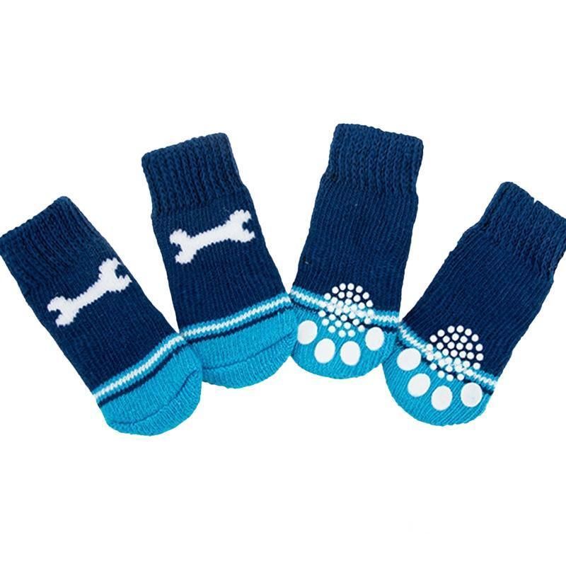 Non Slip Pet Socks for Dogs and Cats Knitted Paw Protector with Grips L Size - Blue bones
