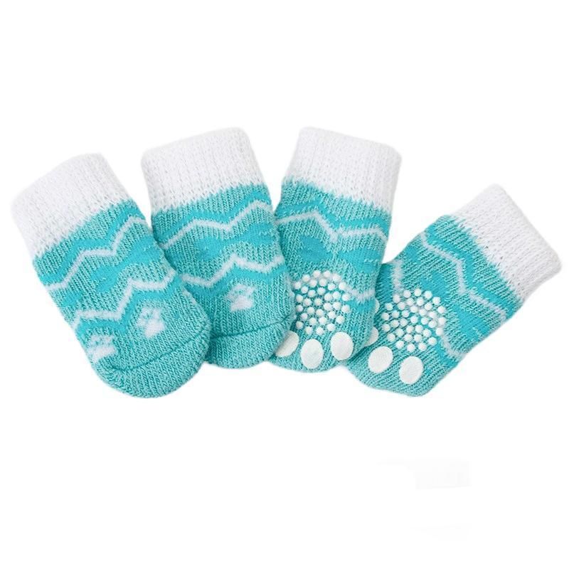 Non Slip Pet Socks for Dogs and Cats Knitted Paw Protector with Grips L Size - Water green ripples