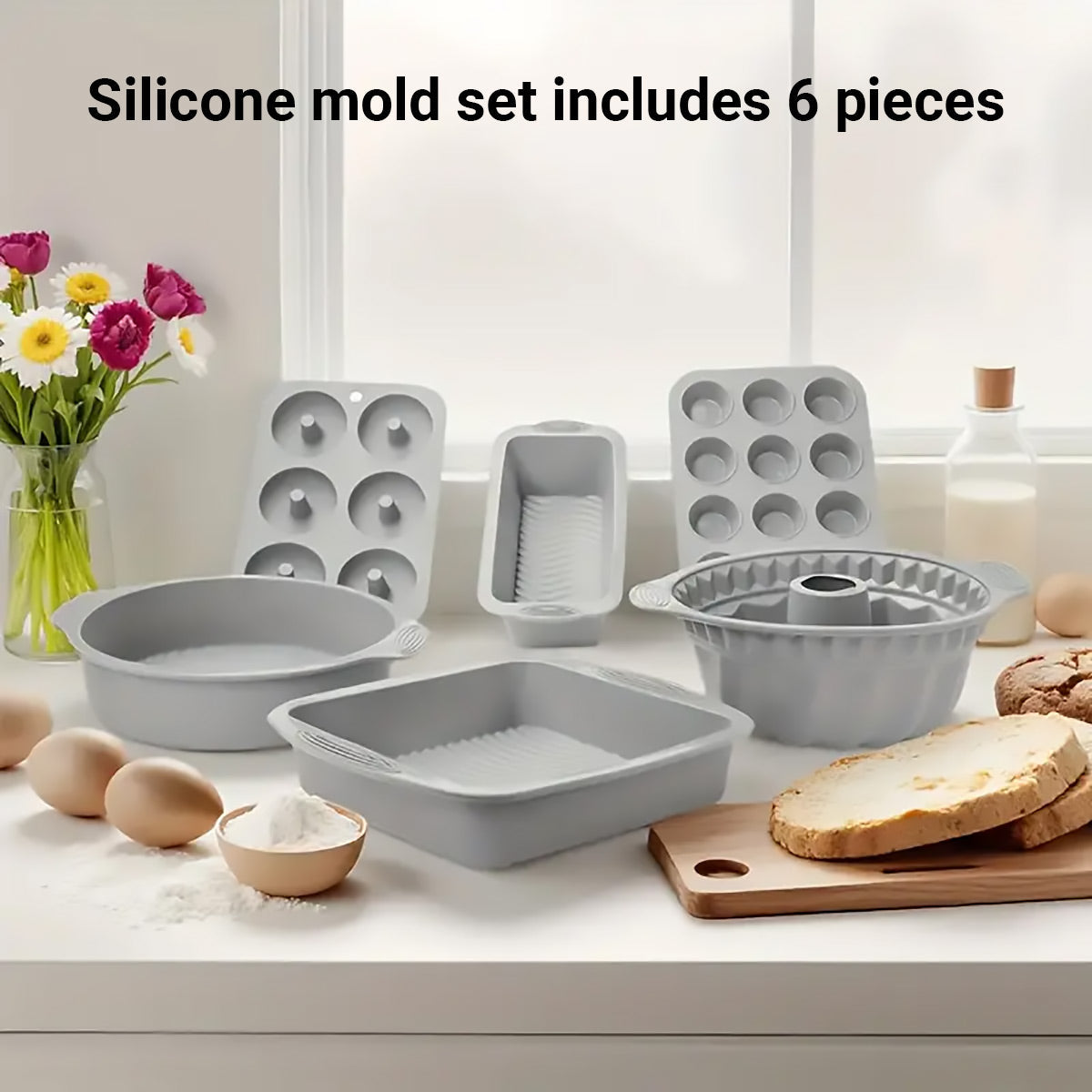 6PCS Silicone Cake Mould Set Baking Pans Nonstick Cupcake Cookie Tools Reusable - Pink