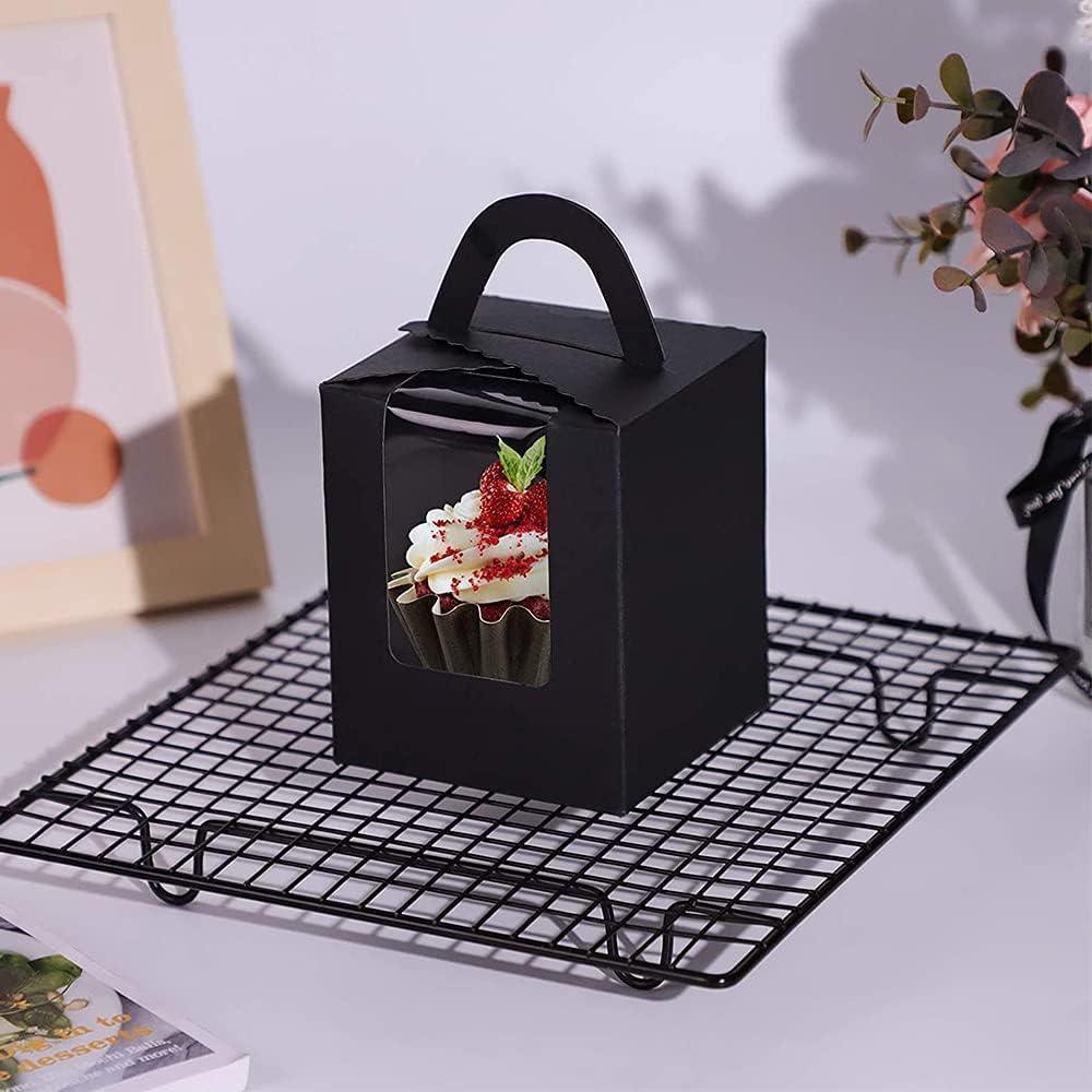 50 Pack Premium Cupcake Boxes with Window Thickened Cardboard Muffin Holders - Black