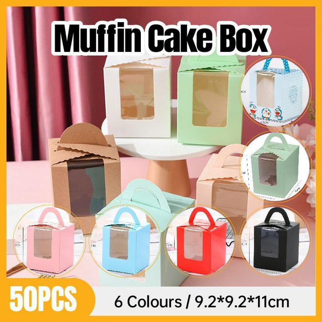 50 Pack Premium Cupcake Boxes with Window Thickened Cardboard Muffin Holders - Blue