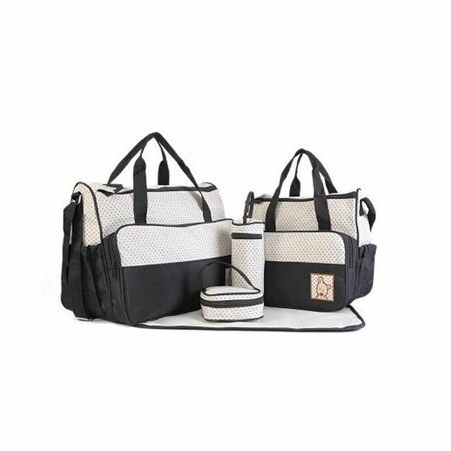 5Pcs Travel Nappy Bag Set with Shoulder Tote and Changing Organiser Bags - Black