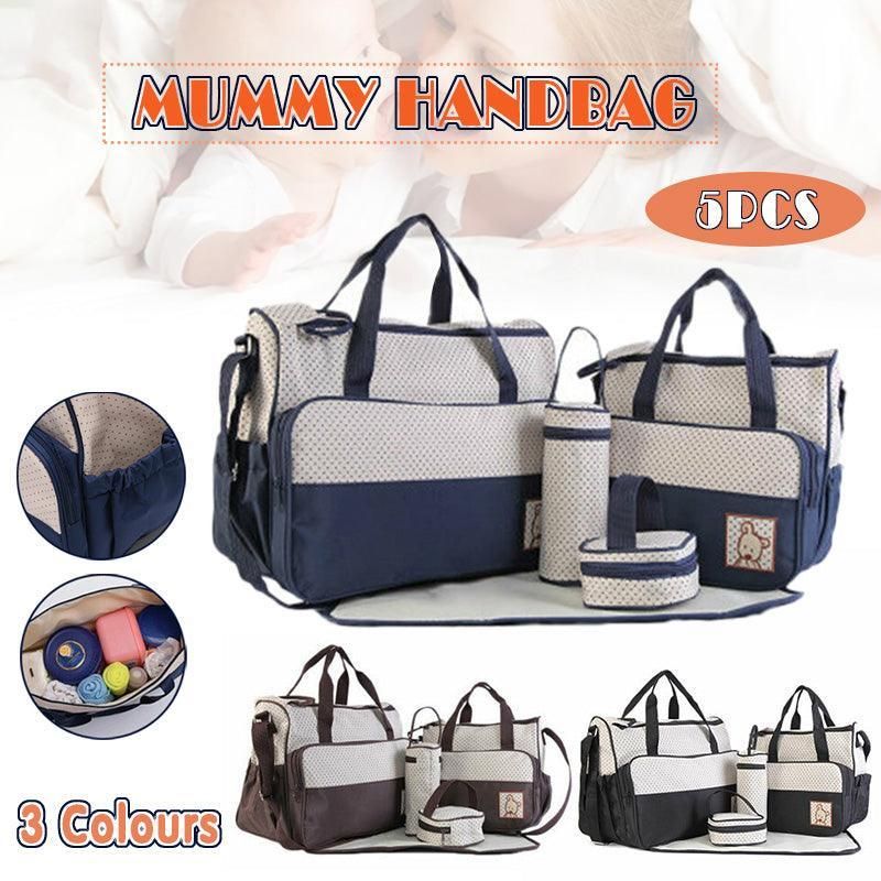 5Pcs Travel Nappy Bag Set with Shoulder Tote and Changing Organiser Bags - Black