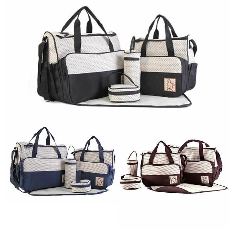 5Pcs Travel Nappy Bag Set with Shoulder Tote and Changing Organiser Bags - Black