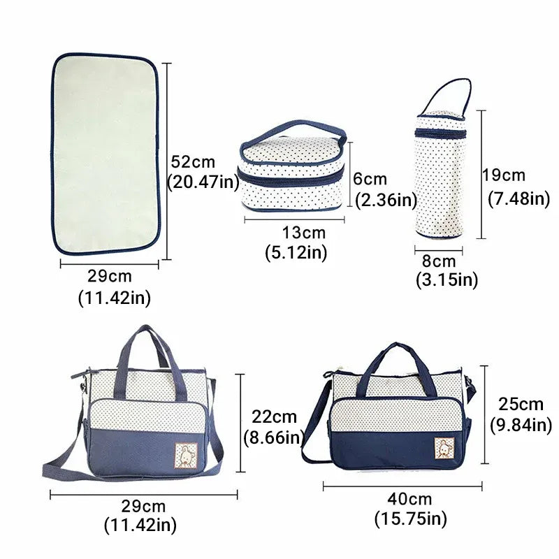 5Pcs Travel Nappy Bag Set with Shoulder Tote and Changing Organiser Bags - Black