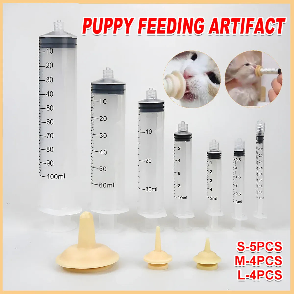 Kitten Puppy Pet Feeding Syringe Feeder Cat Dog Nursing Bottle with Pacifier - M-4PCS