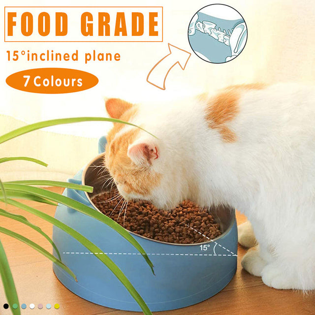 Pet Dog Cat Food Raised No Slip Stainless Steel Tilted Water Food Feeder - Blue